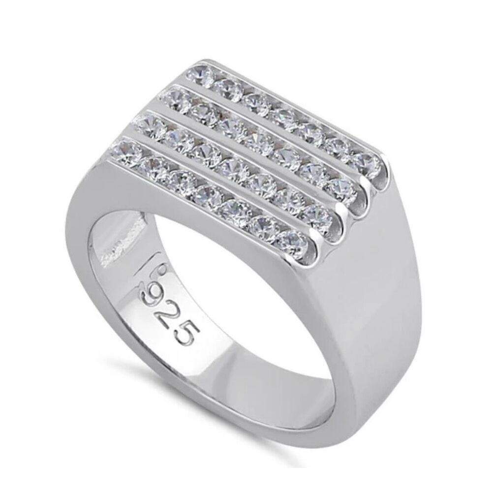 Sterling Silver 4 Row Clear CZ Wedding Band Size New
